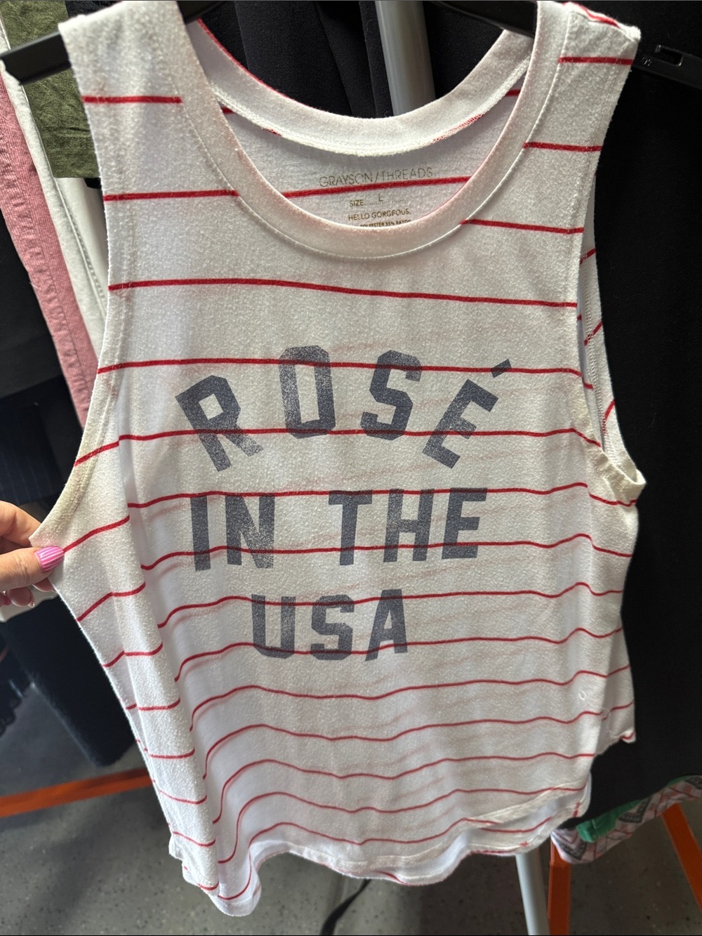 Grayson Threads White Tank with Red Stripes & Navy Graphic